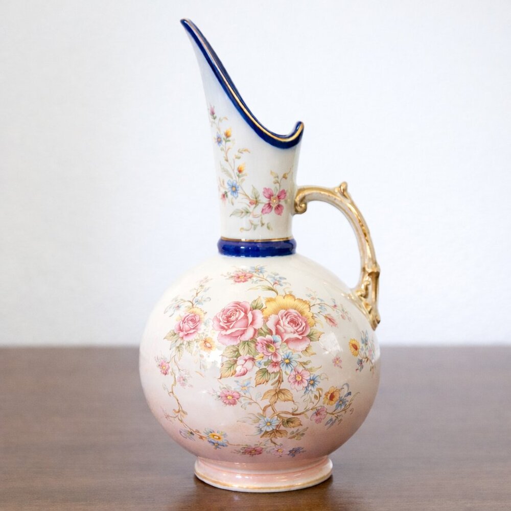 Antique Floral Porcelain Pitcher Vase | Jersey Pottery England | Gilt Handle